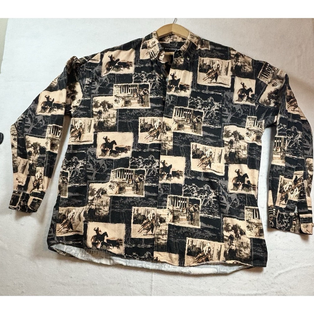 Bit and Bridle Shirt Button Down Mens XL Brown Horses Cowboy Rodeo Western USA